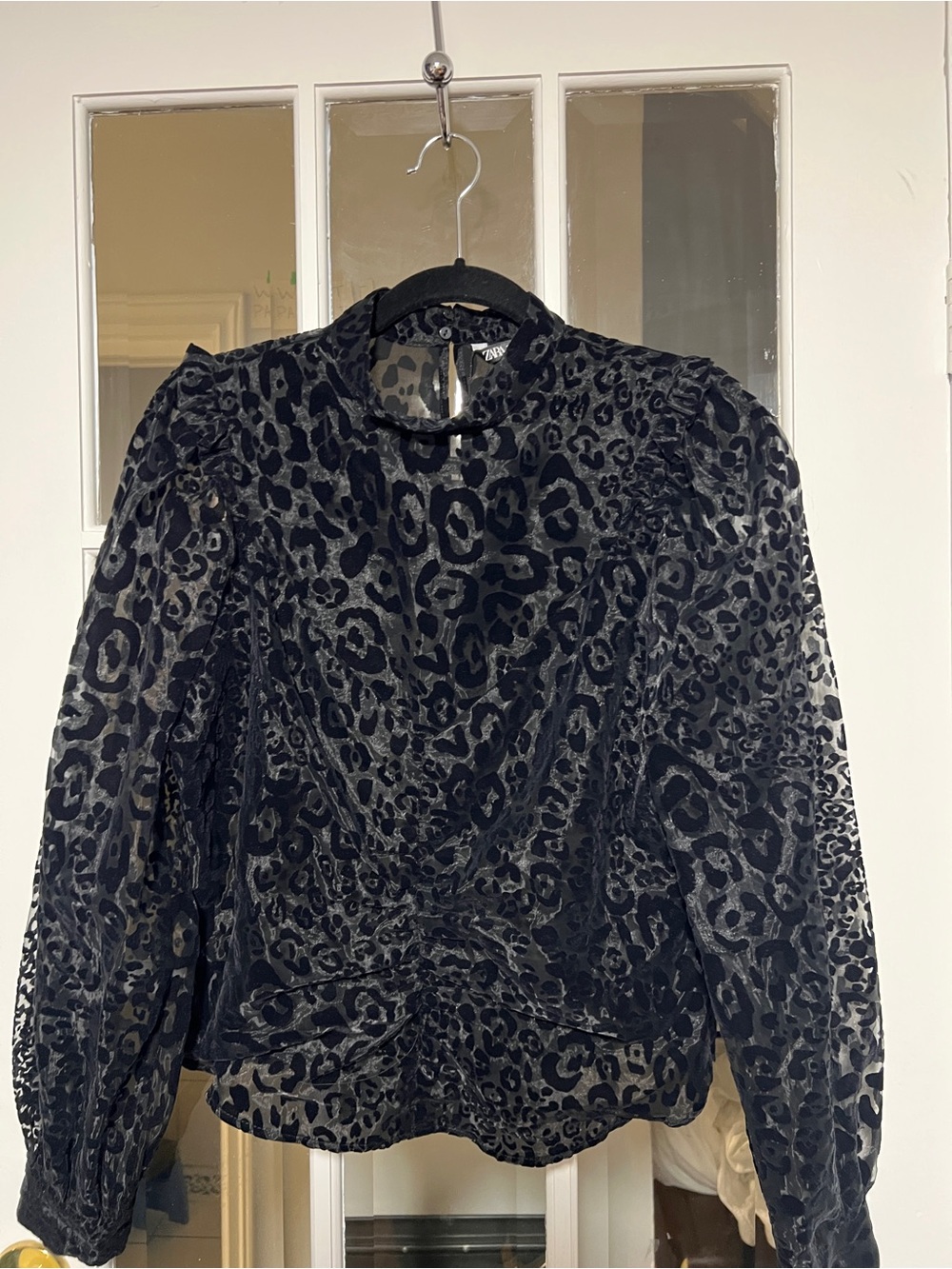Zara Black Velvet Burnout Leopard Blouse